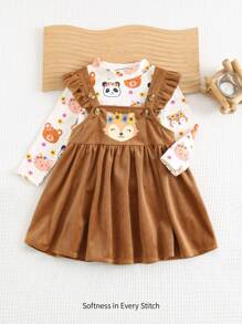 Cozy Pixies 2pcs Baby Girl Cartoon Animal Print Crew Neck Long Sleeve Top & Ruffle Trim Square Collar Cinched Waist Dress Set - Khaki - View 1