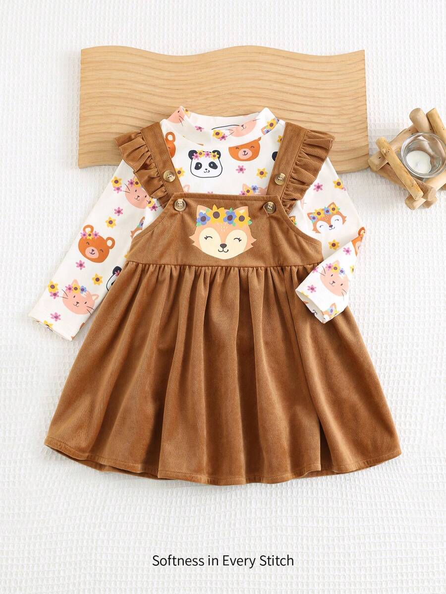 Cozy Pixies 2pcs Baby Girl Cartoon Animal Print Crew Neck Long Sleeve Top & Ruffle Trim Square Collar Cinched Waist Dress Set - Khaki - View 1