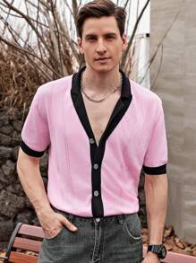 Manfinity Homme Camisa de punto de manga corta casual de hombre con colorblock y parches - Rosa - Ver 3