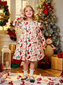 SHEIN Vestido casual de moda con estampado navideño para niña joven, adecuado para reuniones festivas en otoño e invierno - Multicolor - Ver 5