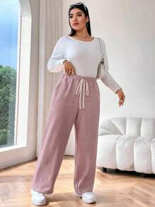 Flirla Plus Size Solid Color Thermal Lined Casual Pants For Fall/Winter