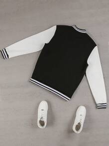 Manfinity Sporsity Men's Letter & Striped Long Sleeve Casual Baseball Jacket, Autumn, Mens Varsity Jacket, Baseball Jacket, Black And White Jacket