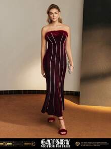 The Great Gatsby x MOTF 天鹅绒蓬松边饰水钻细节美人鱼下摆筒形晚礼服 - 酒紅色 - 查看 2