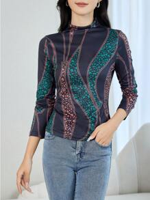 SHEIN LUNE 女士立领全印花优雅长袖 T 恤 - 彩色 - 查看 3