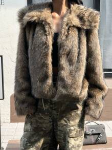 Muchica Women Fluffy Fuzzy Oversized Long Sleeve Jacket, Winter - Mocha Brown - View 4