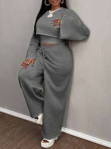 Slaydiva 2024 New 3Pcs Set: Casual Solid Color Long Sleeve Cropped Top, Spaghetti Strap Camisole, Loose Fit Pants For Plus Size Women - Dark Grey - View 1