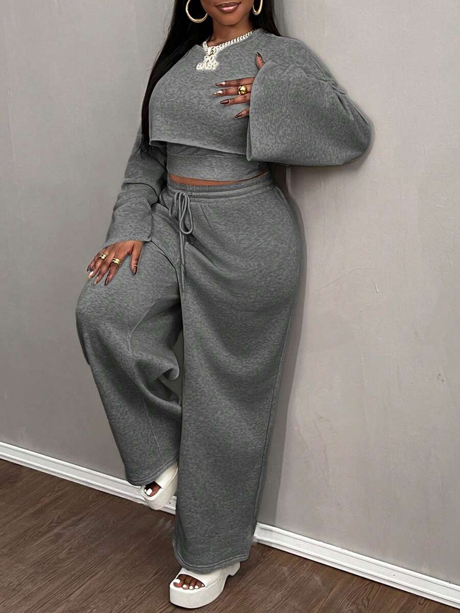 Slaydiva 2024 New 3Pcs Set: Casual Solid Color Long Sleeve Cropped Top, Spaghetti Strap Camisole, Loose Fit Pants For Plus Size Women - Dark Grey - View 1