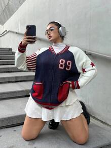 SHEIN MOOSTA 大码纯色拼接前拉链图案细节休闲针织套头衫 - 藍色 - 查看 7