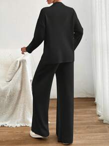 EURMUSE Women Sweater With Pearl Detailed And Knit Pant - Black - View 4