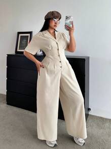 POPSWAY Plus Size Plain Front Button Down Collar Long Sleeve Simple Jumpsuit, Casual - Apricot - View 3