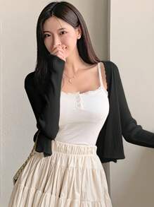 DAZY Áo len cardigan ngắn màu trơn thường ngày cho nữ, mùa thu - màu đen - Xem 6