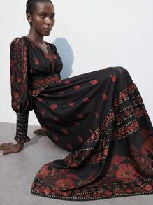 Maija 女款秋冬棕红色收腰及袖下摆收褶复古定位印花灯笼袖长款连衣裙 - 彩色 - 查看 5