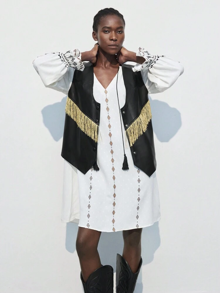 SHEIN Maija Bohemian Fashion Shiny Tassels Decor PU Leather Spring/Summer Women Vest Jacket