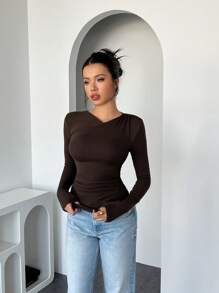 Chiquease Coffee Basic Pleated Slim Fit Thermal Lined Long Sleeve Women T-Shirt - Coffee Brown - View 5