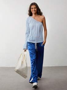 Flirla 1pc Women Blue Stripe Asymmetric One Shoulder Top, Minimalist Design, Autumn/Winter