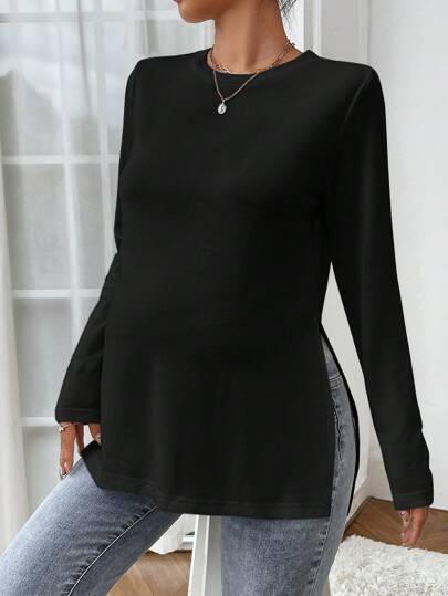 SHEIN Umstandsmode Grundfarbe Lässig Langarm Locker T-Shirt mit Schlitz an der Seite, Frühling/Herbst