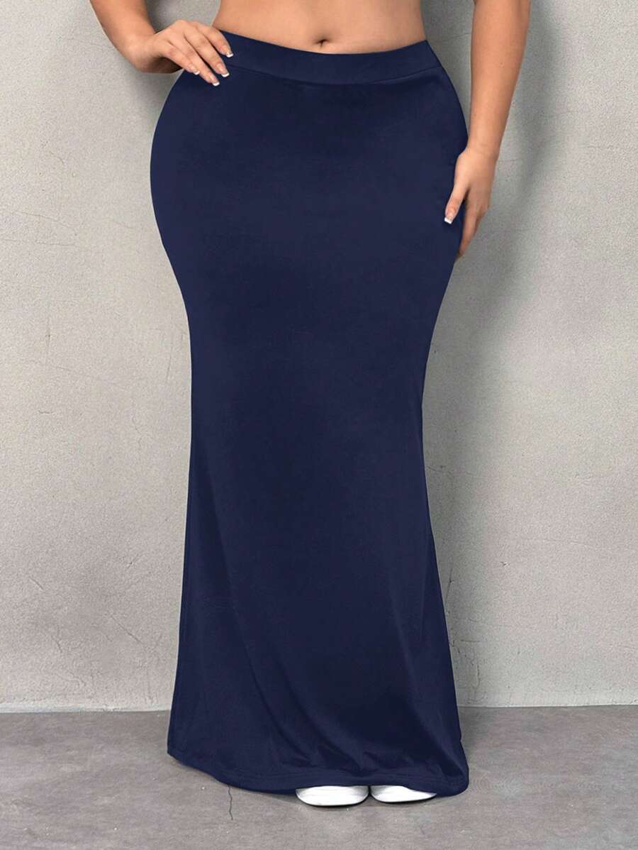 SHEIN SXY 大码纯色性感紧身长裙 - 藏蓝色 - 查看 1