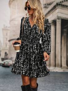 SHEIN Clasi Váy suông tay loe in hoa giản dị cho nữ, eo nhún bèo, mùa thu - màu đen - Xem 4