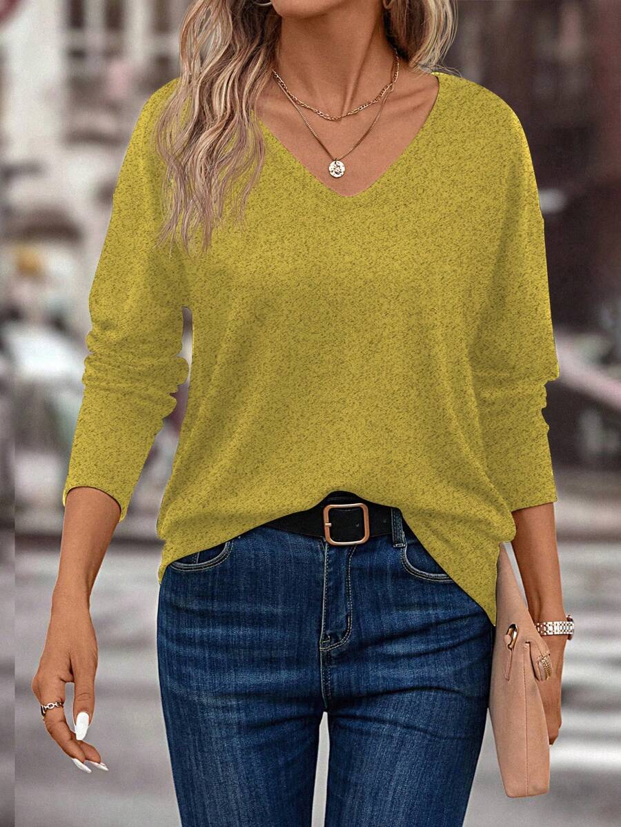 SHEIN LUNE 女式 V 领宽松蝙蝠袖长袖 T 恤，休闲日常穿着，秋季 - 黃色 - 查看 1