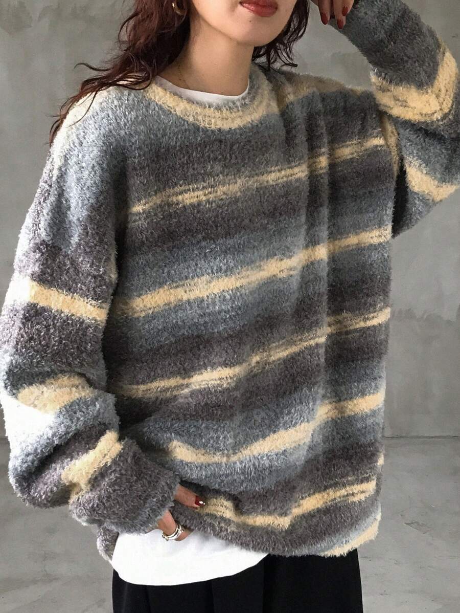 FRIFUL Damen lässiger, locker sitzender Strickpullover mit Kontrastfarbe und Drop-Shoulder für Herbst/Winter