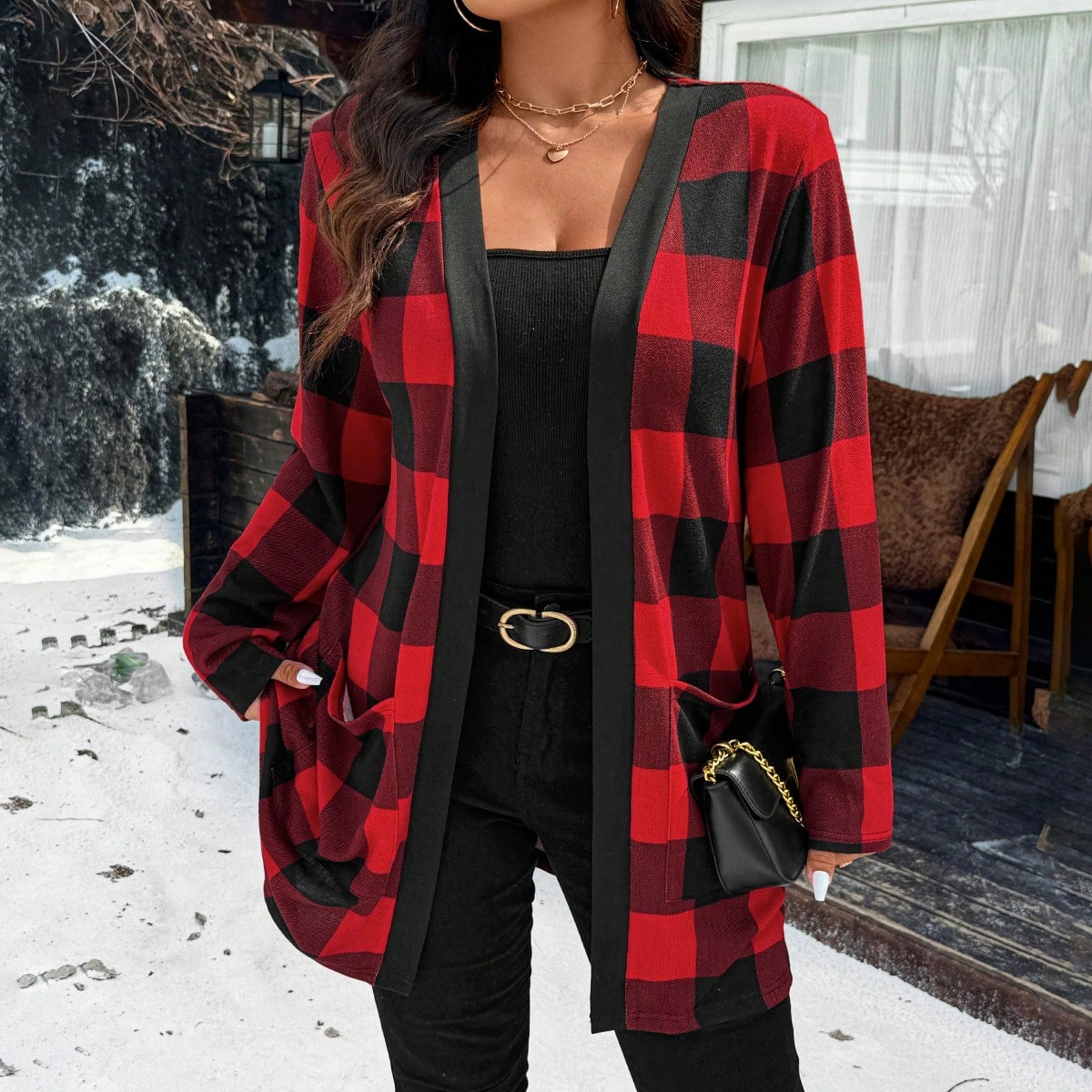 Plus Size Christmas Red Plaid Jacket With Dual Pockets For New Year Clothes Fall Winter Cloth For Women Autumn