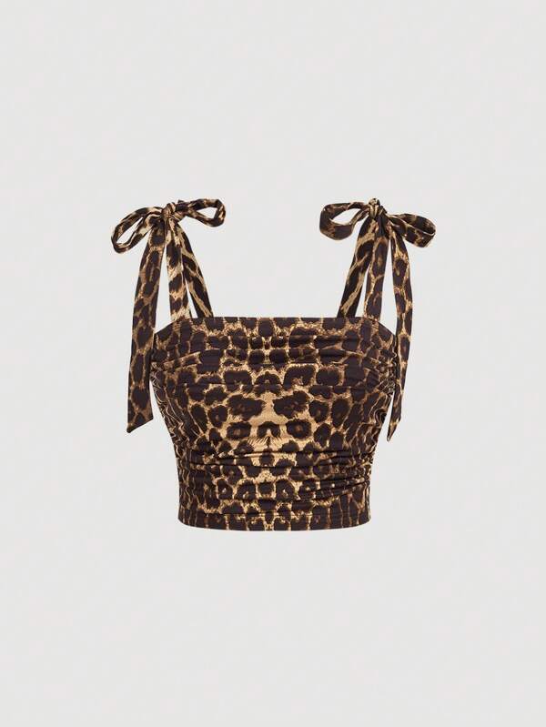 SHEIN MOD Débardeur moulant à col ras-du-cou imprimé léopard froissé, top imprimé tigre, top pirate, tops pour sortir, top léopard, top corset marron, costume de pirate pour femme, costume de diable