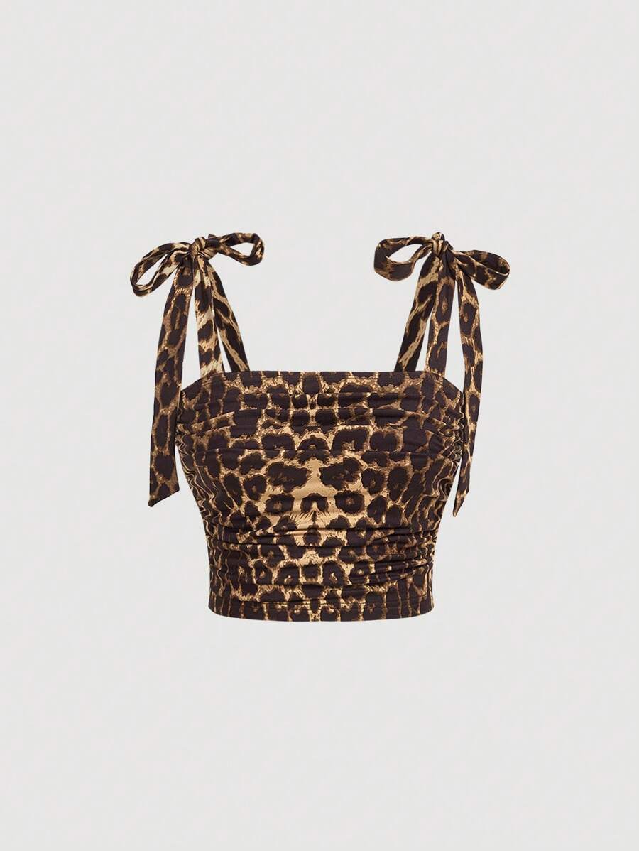 SHEIN MOD Débardeur moulant à col ras-du-cou imprimé léopard froissé, top imprimé tigre, top pirate, tops pour sortir, top léopard, top corset marron, costume de pirate pour femme, costume de diable