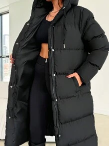 EURMUSE Hooded Side Pocket Snap Button Drawstring Padded Coat For Autumn And Winter - Black - View 5