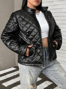 SHEIN EZwear Manteau matelassé slim ajusté à fermeture éclair de style rétro streetwear en grande taille - Noir - Voir 3