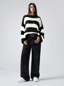 LYSMO Suéter oversize de cuello redondo con rayas, adecuado para otoño e invierno - Blanco y Negro - Ver 6