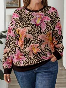 SHEIN LUNE 大码休闲豹纹圆领宽松套头运动衫，秋冬 - 彩色 - 查看 5