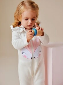 SHEIN 1pc Baby Girls' Cute Animal Embroidered Long Sleeve Hooded Romper, Autumn Winter