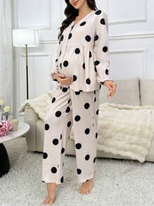 Moonlight&Mama 2pcs/Set Dot Print Long Sleeve Casual Maternity Pajama Set, Fall Winter Clothes - Multicolor - View 4