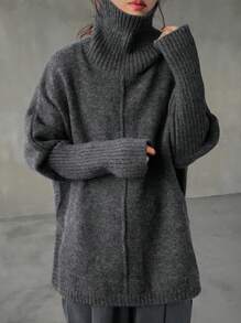 FRIFUL 女士高领纯色宽松针织毛衣，秋冬季休闲款 - 灰色 - 查看 2