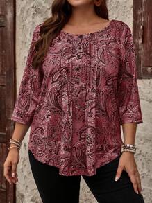 EMERY ROSE Camiseta casual con botones, de talla grande, con estampado de paisley - Burdeos - Ver 1