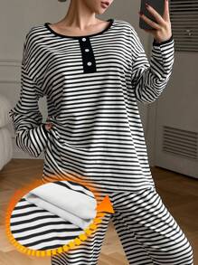 DAZY 1 conjunto Pijama casual con abertura parcial y forro térmico con estampado de rayas, de invierno