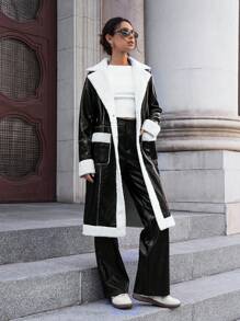 SHEIN Essnce 冬季长袖仿皮大衣，内衬羊羔绒，休闲日常复古翻领双口袋设计，适合冬季感恩节的时尚街头风穿搭。 - 黑與白 - 查看 11