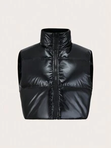 SHEIN Essnce Women Winter Plain Color Zipper Front Short Casual Down& Feathers Vest Jacket - Black - View 4