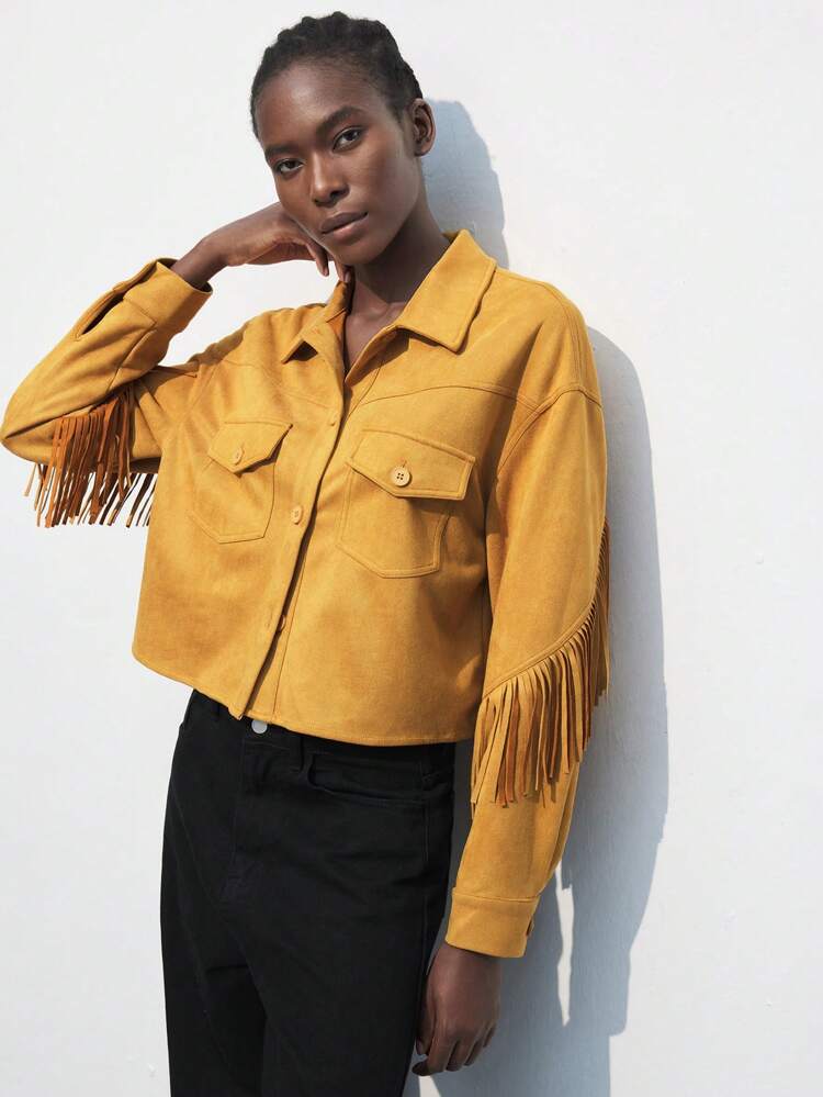 SHEIN Maija Women's Solid Color Button Front Long Sleeve Pocket Tassel Decor Casual Jacket