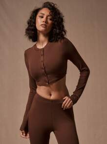MUSERA Blusa corta con botones, de manga larga, para uso casual en primavera y verano, ideal para vacaciones - Marrón Chocolate - Ver 1