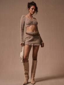 MUSERA Knit Flare Sleeve Halterneck Crop Sweater Evening Party Elegant - Khaki - View 4