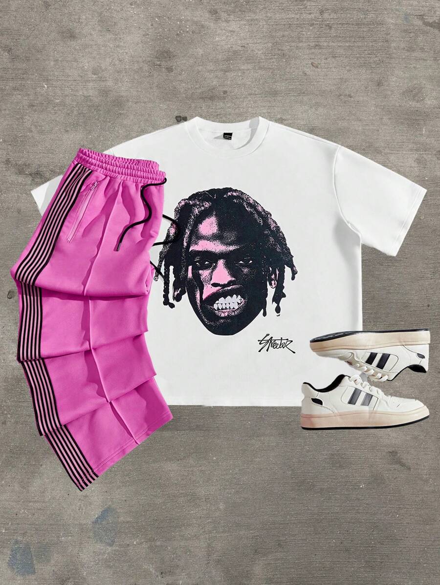 Manfinity VCAY Men's Loose Fit Round Neck Short Sleeve T-Shirt With Human Figure Print, Suitable For Summer - White - View 1