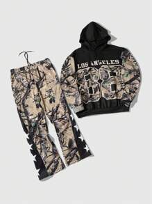 ROMWE MEN Street Life 2 件男士字母和花卉印花连帽衫和运动裤套装，休闲装 - 黑色 - 查看 7