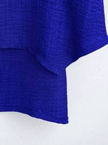 大码女式休闲纯色圆领落肩宽松衬衫，秋季 - 寶藍色 - 查看 3