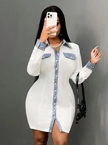 Slaydiva 2024 Nieuwe herfst lange mouw shirt patchwork denim effect print mini bodycon jurk voor vrouwen
