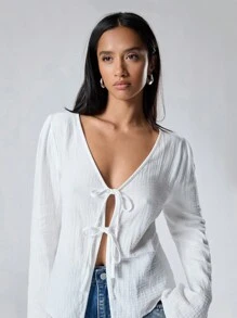 LYSMO Ramadan Women's Solid Color Long Sleeve Casual Tie Front Shirt