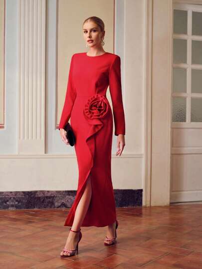 ZEYLAH Vestido largo con detalle de flor sólida, abertura en el muslo