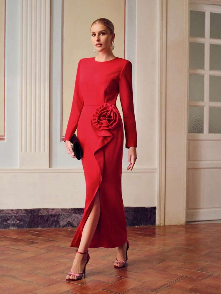 ZEYLAH SOLID STEREO FLOWER DETAIL SPLIT THIGH LONG DRESS｜Motf