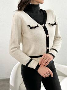 Modelyn 女式休闲拼接拼色纽扣点缀针织开衫，秋冬款 - 杏色 - 查看 7