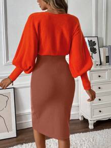 Chiquease Autumn/Winter Casual Solid Color Loose Lantern Sleeve Sweater Dress Fall Cloth For Women - Coffee Brown - View 2